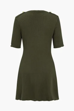 MICAS Knit Dresses-Solid Sweater Button Fake Pockets Mini Dress OLIVE