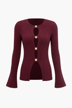 MICAS Knit Tops-Solid Sweater Button Long-Sleeve Top BURGUNDY