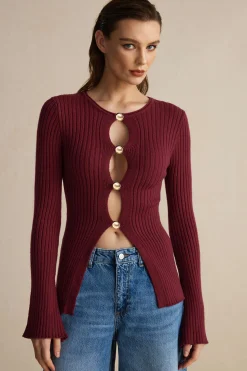 MICAS Knit Tops-Solid Sweater Button Long-Sleeve Top BURGUNDY