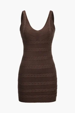 MICAS Knit Dresses-Solid Sweater Cable Knit Bodycon Mini Dress COFFEE