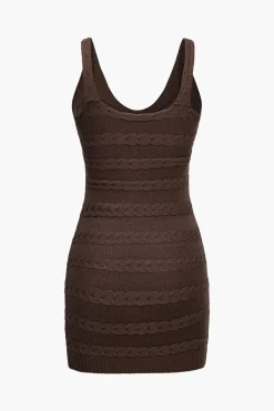 MICAS Knit Dresses-Solid Sweater Cable Knit Bodycon Mini Dress COFFEE