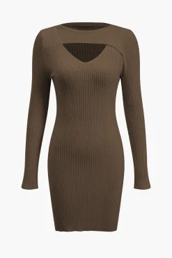 MICAS Long Sleeve Dresses|Knit Dresses-Solid Sweater Cut Out Long Sleeve Mini Dress COFFEE