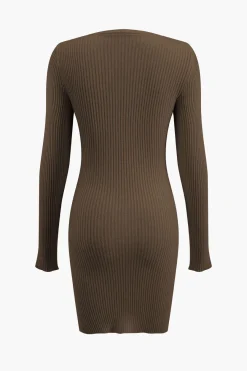 MICAS Long Sleeve Dresses|Knit Dresses-Solid Sweater Cut Out Long Sleeve Mini Dress COFFEE