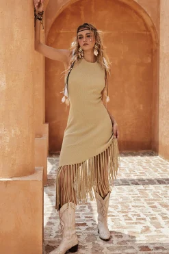 MICAS Knit Dresses-Solid Sweater Fringe Asymmetrical Dress KHAKI