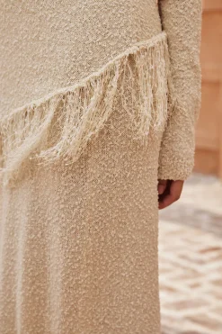 MICAS Skirts-Solid Sweater Fringe Maxi Skirt BEIGE