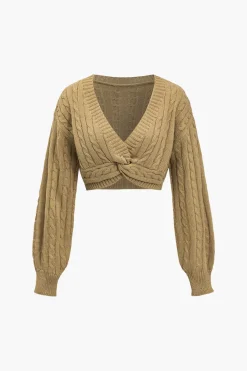 MICAS Knitwear|Knit Tops-Solid Sweater Twist Knot V-Neck Long-Sleeve Top