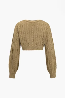 MICAS Knitwear|Knit Tops-Solid Sweater Twist Knot V-Neck Long-Sleeve Top