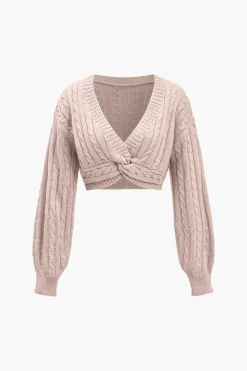 MICAS Knitwear|Knit Tops-Solid Sweater Twist Knot V-Neck Long-Sleeve Top