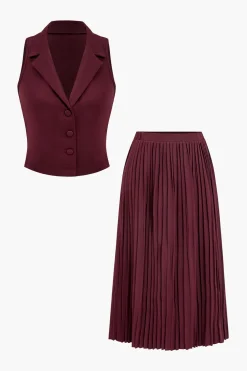 MICAS Skirt Sets-Solid Tank Top And Pleated Skirt Set