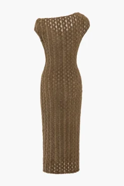 MICAS Midi Dresses-Solid Textured Asymmetrical Twist Knot Midi Dress LIGHT BROWN