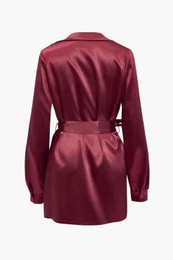 MICAS Long Sleeve Dresses|Mini Dresses-Solid Tie Front Draped Cowl Neck Belted Mini Dress