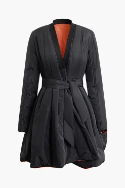 MICAS Outerwear|Outerwear-Solid Tie Front V-neck Puffer