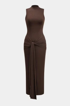 MICAS Maxi Dresses-Solid Tie Sleeveless Maxi Dress COFFEE