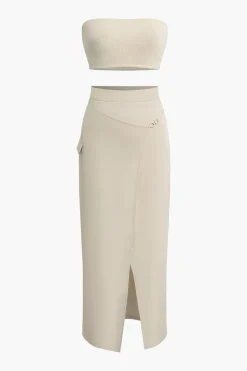 MICAS Skirt Sets-Solid Tube Top And Wrap Split Midi Skirt Set BEIGE