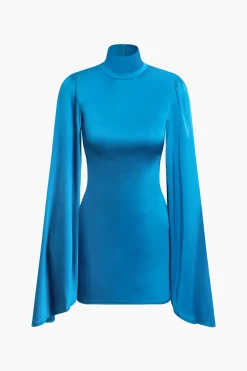 MICAS Long Sleeve Dresses|Mini Dresses-Solid Turtleneck Bell Sleeve Ruched Mini Dress BLUE