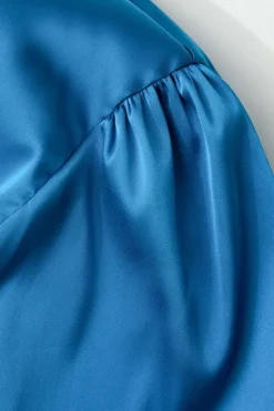 MICAS Long Sleeve Dresses|Mini Dresses-Solid Turtleneck Bell Sleeve Ruched Mini Dress BLUE