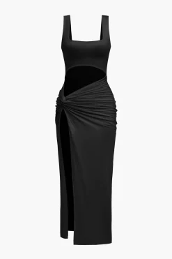 MICAS Midi Dresses-Solid Twist Front Cut Out Slit Midi Dress