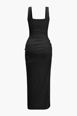 MICAS Midi Dresses-Solid Twist Front Cut Out Slit Midi Dress