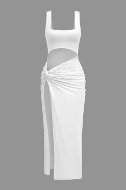 MICAS Midi Dresses-Solid Twist Front Cut Out Slit Midi Dress