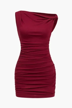 MICAS Mini Dresses-Solid Twisted Asymmetrical Mini Dress BURGUNDY