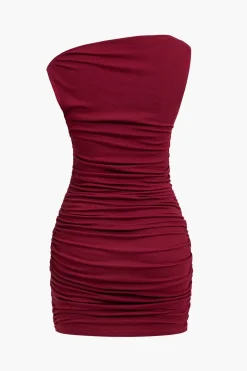 MICAS Mini Dresses-Solid Twisted Asymmetrical Mini Dress BURGUNDY