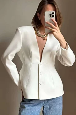 MICAS Outerwear|Outerwear-Solid V-neck Button Blazer WHITE