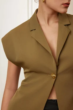 MICAS Outerwear|Outerwear-Solid V-neck Button Jacket KHAKI