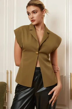 MICAS Outerwear|Outerwear-Solid V-neck Button Jacket KHAKI