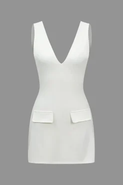 MICAS Mini Dresses-Solid V-neck Fake Pocket Mini Dress WHITE