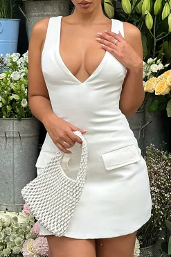 MICAS Mini Dresses-Solid V-neck Fake Pocket Mini Dress WHITE