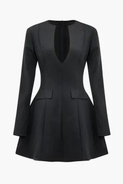 MICAS Long Sleeve Dresses|Mini Dresses-Solid V-neck Fake Pockets And Zipper Mini Dress