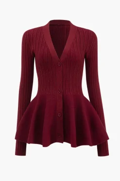 MICAS Outerwear|Knitwear-Solid V-neck Puff Hem Sweater Cardigan