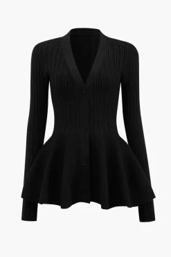 MICAS Outerwear|Knitwear-Solid V-neck Puff Hem Sweater Cardigan