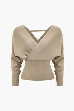 MICAS Knitwear|Knit Tops-Solid V-neck Sweater Long-Sleeve Top