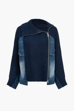MICAS Outerwear|Outerwear-Solid Zipper Detail Patchwork Sweater Cardigan