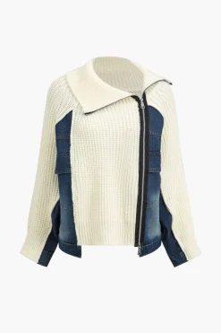 MICAS Outerwear|Outerwear-Solid Zipper Detail Patchwork Sweater Cardigan