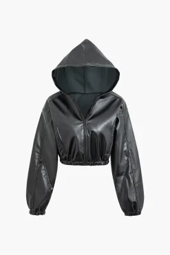 MICAS Outerwear|Outerwear-Solid Zipper Hooded Faux Leather Jacket BLACK
