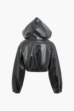 MICAS Outerwear|Outerwear-Solid Zipper Hooded Faux Leather Jacket BLACK