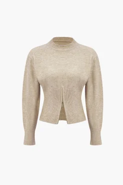 MICAS Knitwear|Knit Tops-Solid Zipper Sweater Long-Sleeve Top