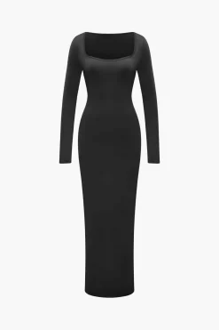 MICAS Long Sleeve Dresses|Maxi Dresses-Square Neck Long Sleeve Maxi Dress BLACK