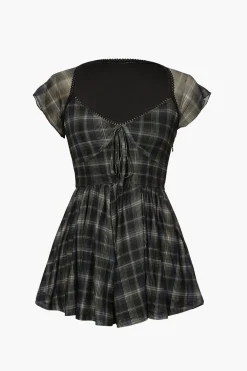 MICAS Jumpsuits & Rompers-Square Neck Short Flutter Sleeve Checkered Vintage Playsuit