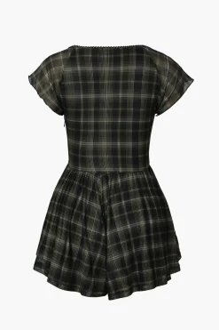 MICAS Jumpsuits & Rompers-Square Neck Short Flutter Sleeve Checkered Vintage Playsuit