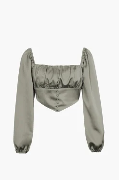 MICAS Long Sleeve Tops|Long Sleeves Tops-Square Neck V-hem Satin Long Sleeve Top SAGE