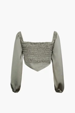 MICAS Long Sleeve Tops|Long Sleeves Tops-Square Neck V-hem Satin Long Sleeve Top SAGE