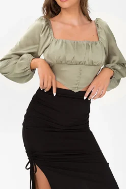 MICAS Long Sleeve Tops|Long Sleeves Tops-Square Neck V-hem Satin Long Sleeve Top SAGE