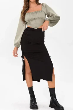 MICAS Long Sleeve Tops|Long Sleeves Tops-Square Neck V-hem Satin Long Sleeve Top SAGE