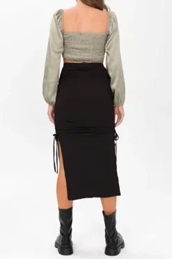 MICAS Long Sleeve Tops|Long Sleeves Tops-Square Neck V-hem Satin Long Sleeve Top SAGE