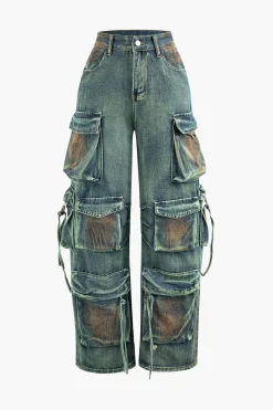 MICAS Cargo Pants|Jeans-Stained Multi Flap Pocket Straight Leg Cargo Jeans STEEL BLUE