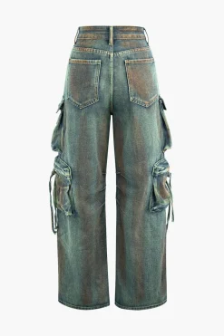 MICAS Cargo Pants|Jeans-Stained Multi Flap Pocket Straight Leg Cargo Jeans STEEL BLUE