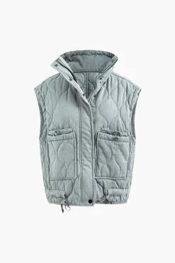 MICAS Outerwear|Outerwear-Stand Collar Drawstring Pocket Quilted Puffer Vest LIGHT GRAY